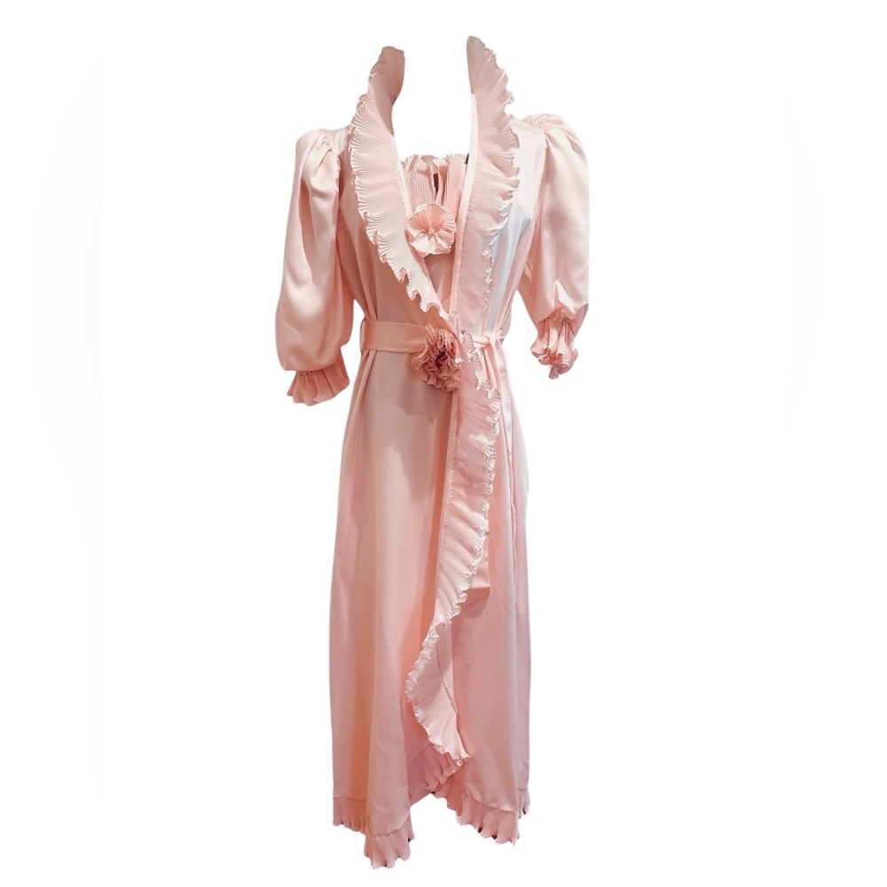 Luxury Pink Satin Ruffle Robe with Waist Tie